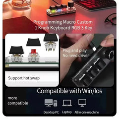 لوحة مفاتيح ميكانيكية صغيرة بثلاثة مفاتيح ومقبض واحد ولوحة مفاتيح ماكرو USB RGB ومقبض برمجة مخصص للألعاب ولوحة مفاتيح محمولة لبرنامج فوتوشوب