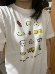 Korean Sle Pure Cotton ort Sve T-irt ex Casual Streetwear Cartoon Print Top Trendy Commute Faion Cotton 00%