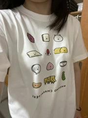 Korean Sle Pure Cotton ort Sve T-irt ex Casual Streetwear Cartoon Print Top Trendy Commute Faion Cotton 00%