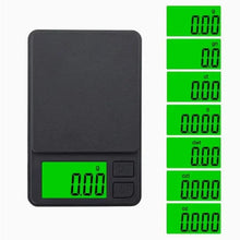 Digital pocket scale with green backlit LCD showing 0.000 g and side buttons