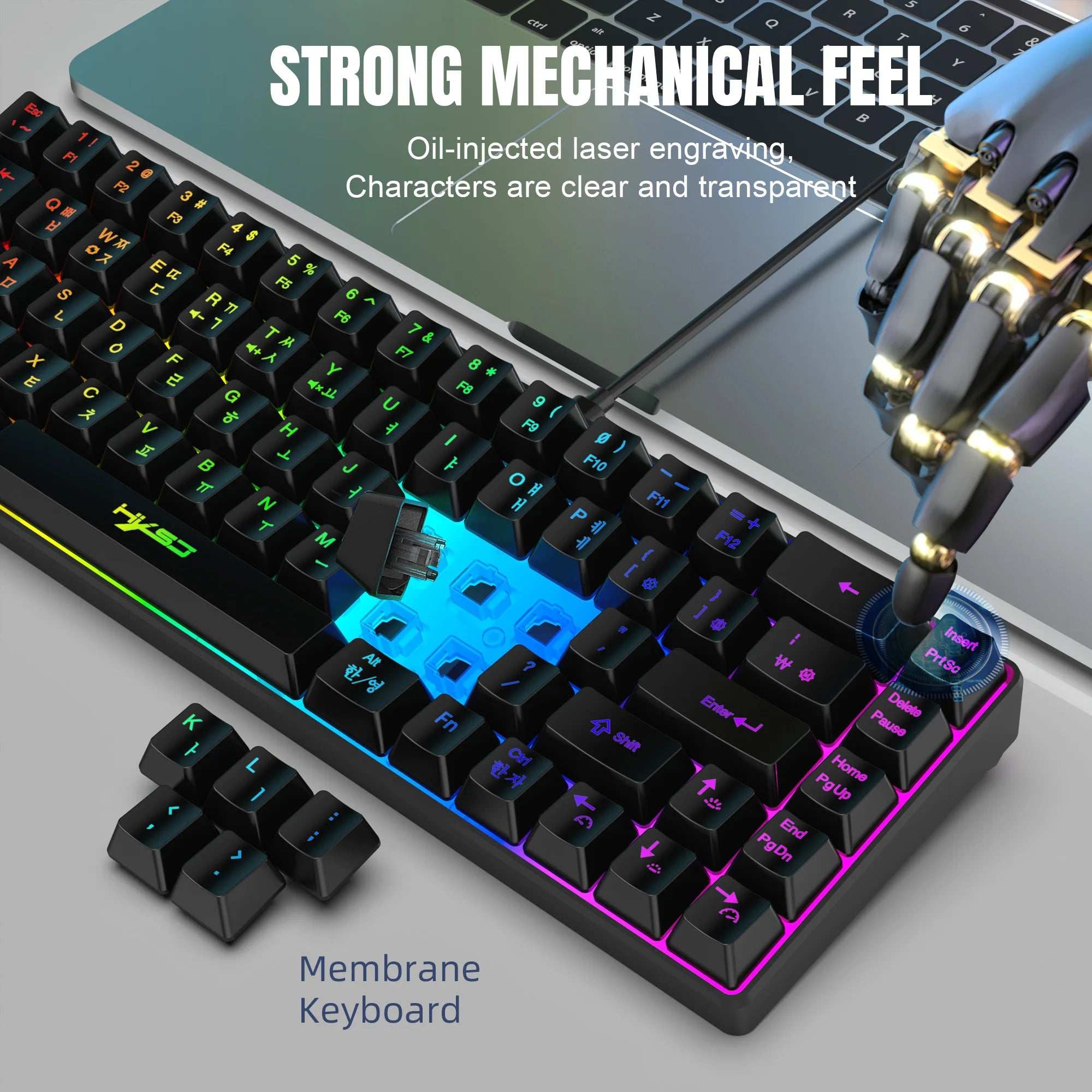 Portable HXSJ V200 68-key Korean gaming Keyboard, 65% RGB Backlit Wired office membrane Keyboard for Desktop PC and Laptops