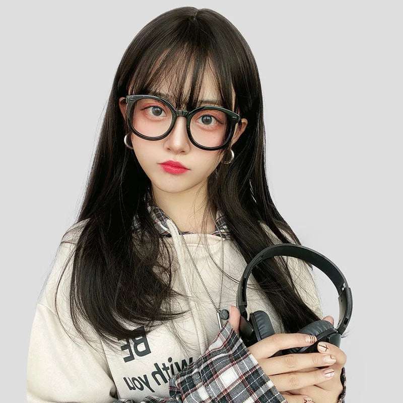 Korea Hair Extensions Synthetic Cute JK Girl Cosplay Air Bangs Wig Breathable Head Cover 50cm Long Straight Wig Hat for Women