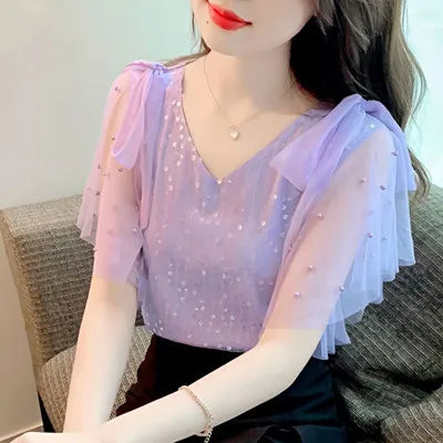 Summer New Design Sparkling Fairy like ort Sve V-Ne Sexy Vne Godd Sle iny Sequin Chiffon Blouse Top Women's F...