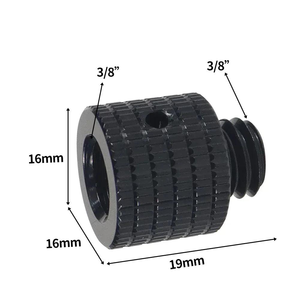 Tripod camera screw adapter, black knurled sleeve with 3/8 and 1/4 threads