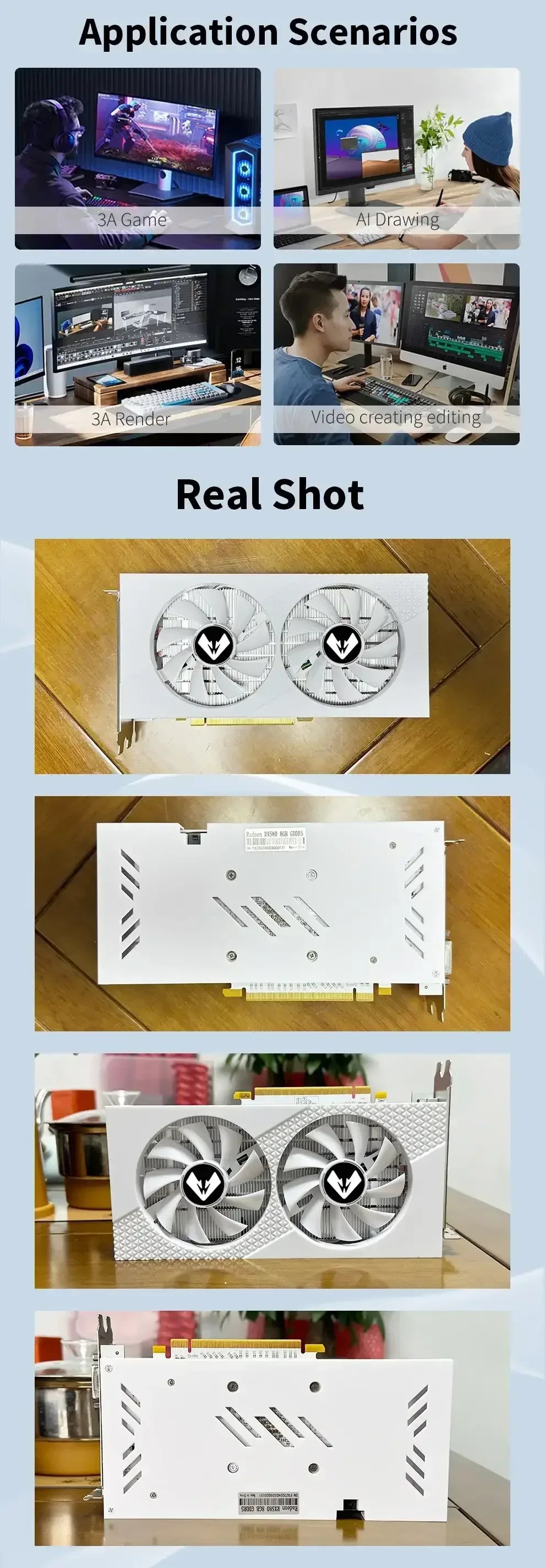 Graphics card shown in multiple views with dual cooling fans and ports.