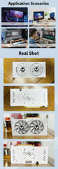 Graphics card shown in multiple views with dual cooling fans and ports.