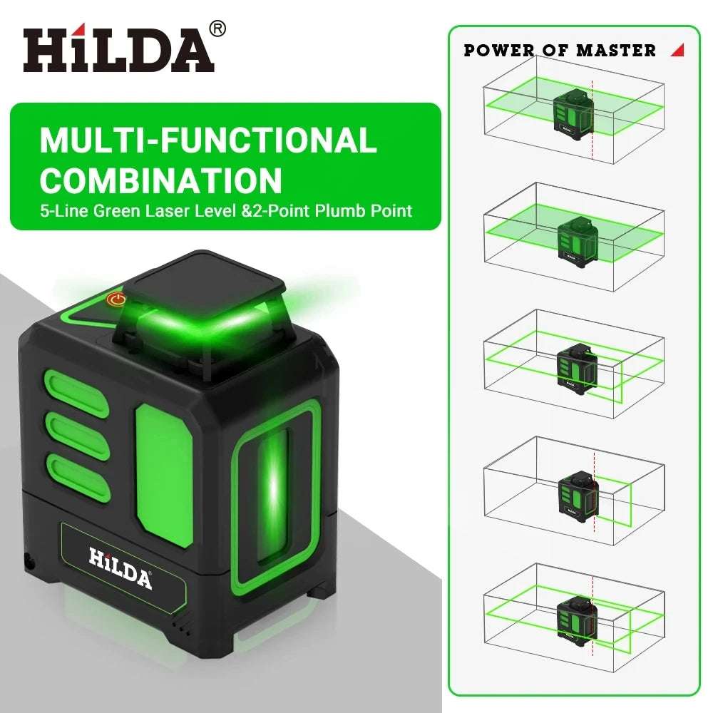 HILDA Laser Level 2 lines/5 Lines 360 Automatic Leveling Level Construction Tool Equipment Green Light Cross Laser Good Gift