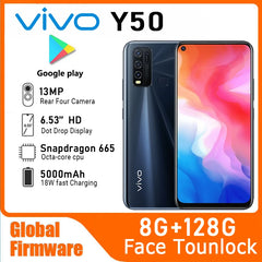 هاتف VIVO Y50 Global firmware الذكي Snapdragon 665 ثماني النواة 6.53 بوصة 5000 مللي أمبير 8 جيجابايت 128 جيجابايت كاميرات 16.0 ميجابكسل هاتف مستعمل