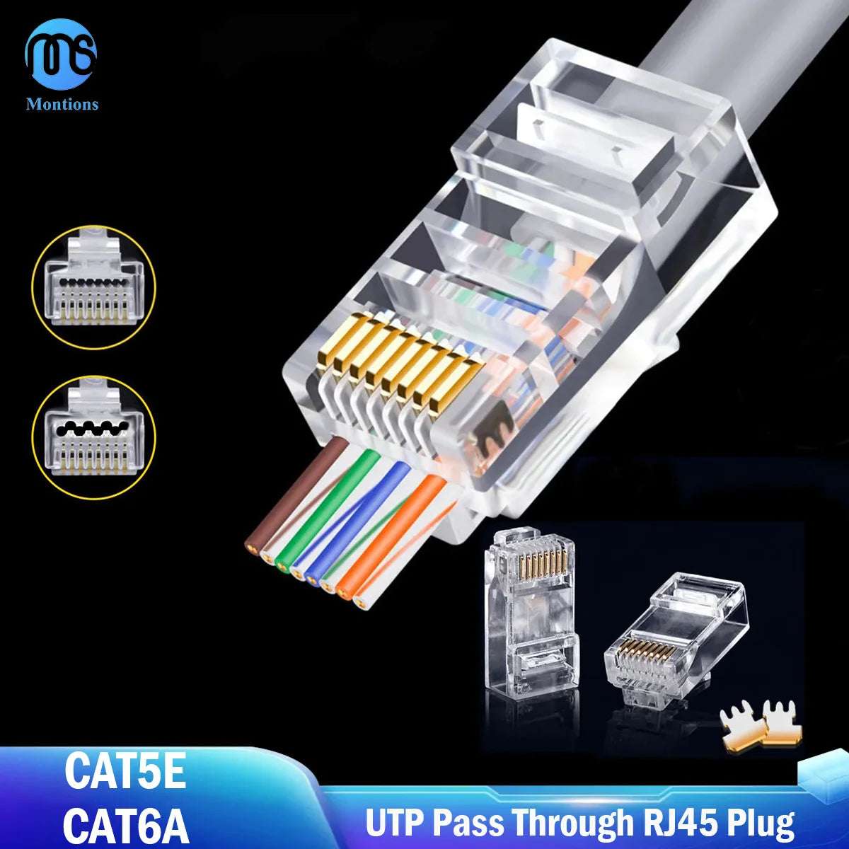 Montions Rj45 Connector Cat5e Cat6A Pass Through Connector Network Unshielded 8P8C Modular Plug for Ethernet Cables