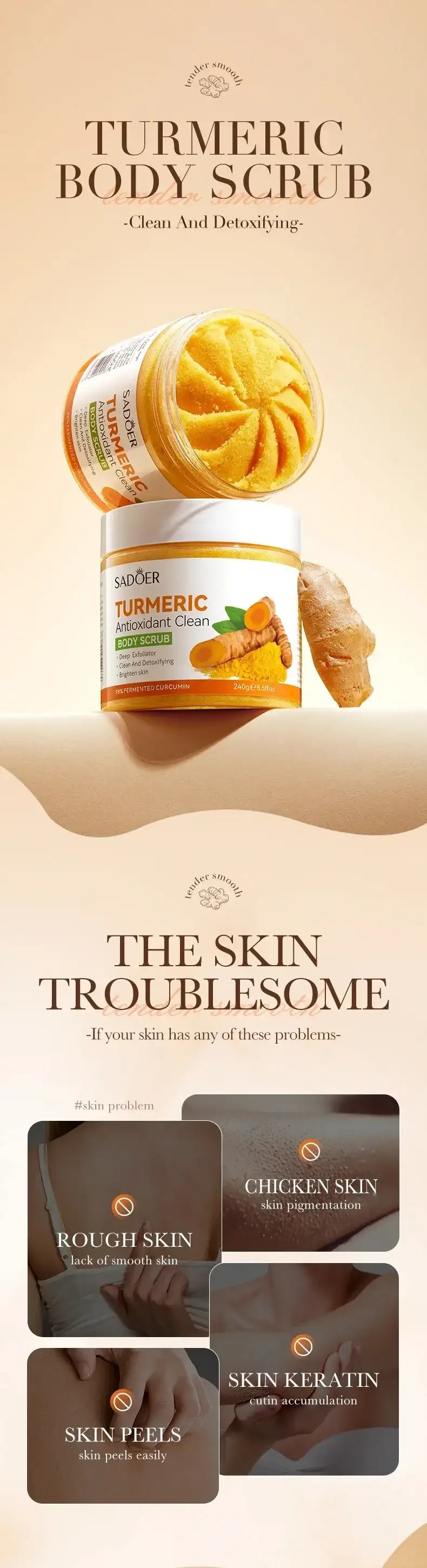 SADOER Turmeric Brightening Scrub Deep Cleansing Exfoliating Body Scrub Salt Moisturizing Hydrating Smoothing Skin Care - Mumzar