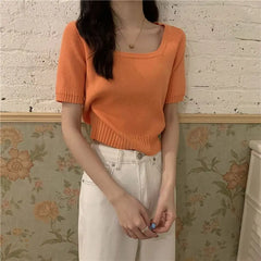 Slim Fit ort Sve Ice Silk Knitted irt Women's Faion Spring Summer Thin Sle Square Collar Princ Sve Top