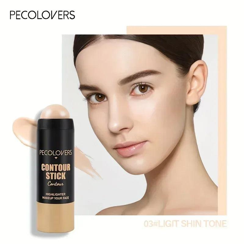 Contour stick makeup with black cap and beige cream shown beside face makeup