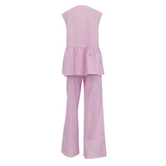 Fashion Pink 2 Piece Set Women Summer Chic Elegant Outfit Single Breasted Sleeveless Ruffles Tank Top Loose Wide-leg Pants Sets