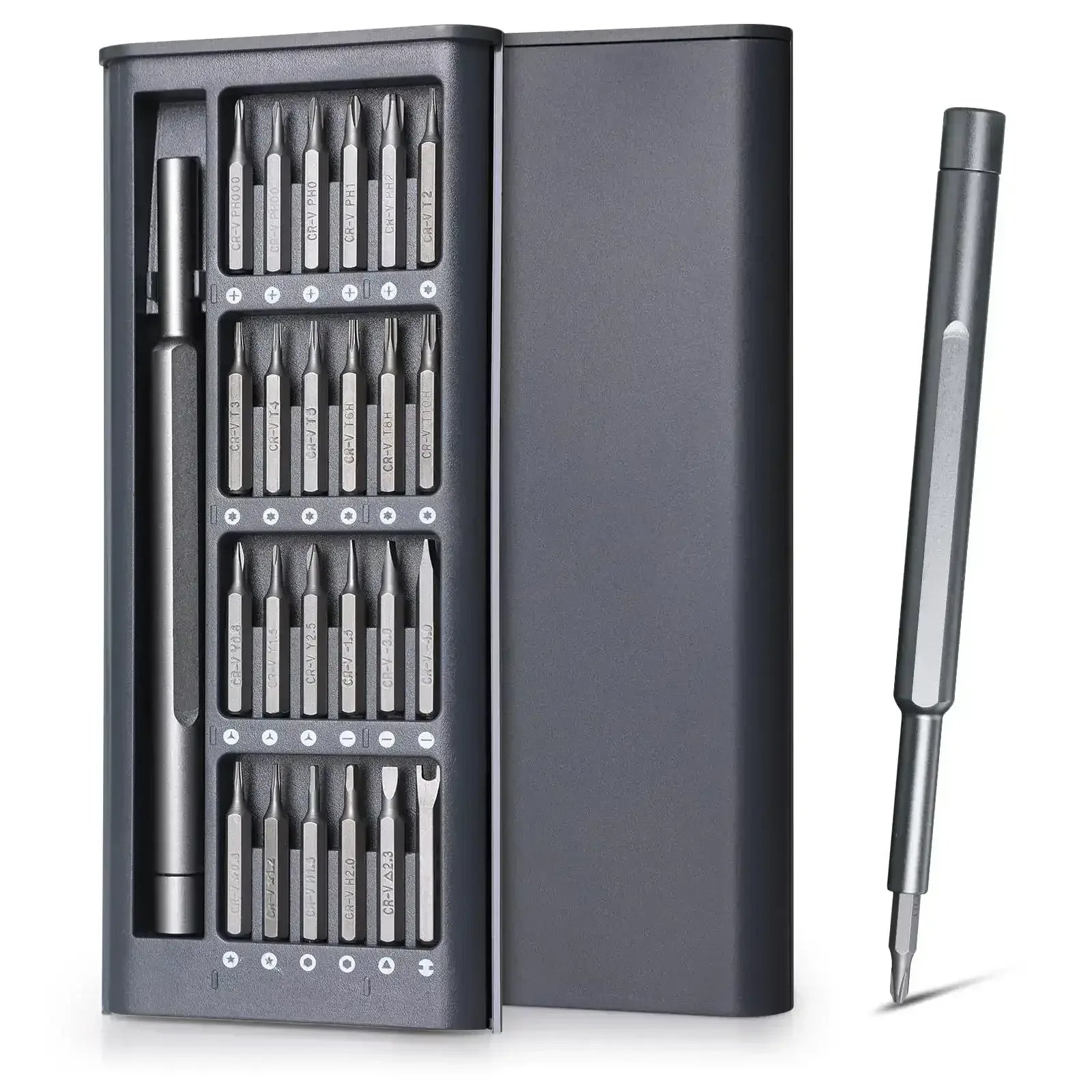Magnetic precision screwdriver set with assorted bits in a storage case