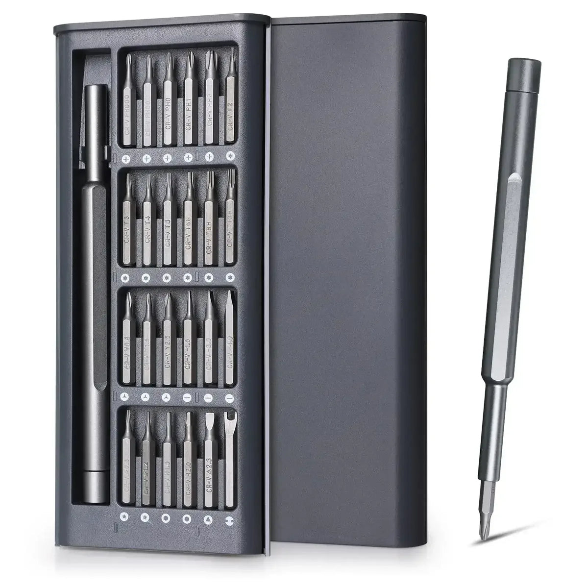 Magnetic precision screwdriver set with assorted bits in a storage case