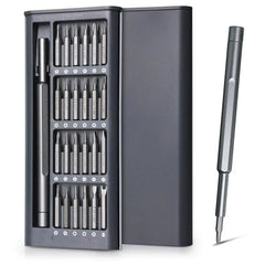 Magnetic precision screwdriver set with assorted bits in a storage case