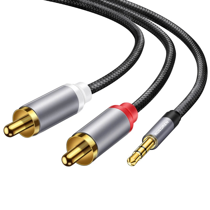 كابل صوت Aux من Rocoren مقاس 3.5 مم إلى 2RCA، محول مقسم من مقبس 3.5 مم إلى 2 RCA ذكر لصندوق التلفزيون ومكبر الصوت والفيديو وكابل سلك مكبر الصوت