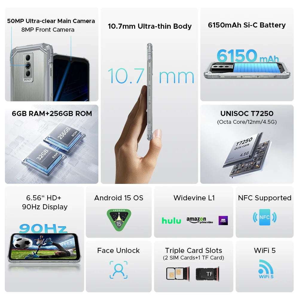 DOOGEE Blade10 Pro Energy Rugged Phone 6.56'' Screen 10.7mm Ultra-thin 6GB RAM 256GB ROM 6150mAh Battery Android 15  Smartphone