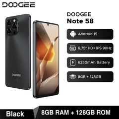 Global Version DOOGEE Note 58 Smartphone 32GB(8+24) 128GB 6.75" HD+ 90Hz Screen 6250mAh Battery Octa Core Processor Android 15