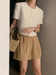 Chic Korean Sle round Ne Metal Single Button Loose ort Sve Outerwear for Women Summer Faion Commute Pure Color