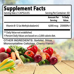 Vitamin B12 6000MG, Methylcobalamin Supplement for Mind, Energy, Brain, Mood, Heart Support, 30/60/120 Capsules