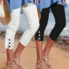 Plus size summer mid waist elastic solid color cropped pants tight, fashionable, sexy button down casual pants for women