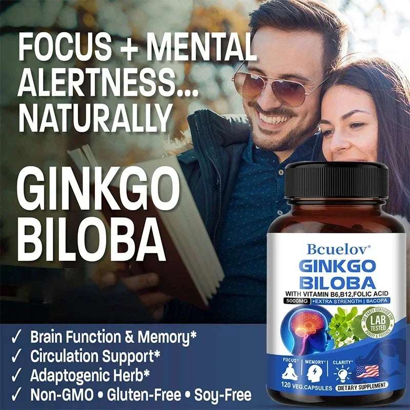 Ginkgo Biloba Capsules Memory Support Supplement, Brain Function & Mental Alertness, Focus, Concentration, with Vitamin B6 B12