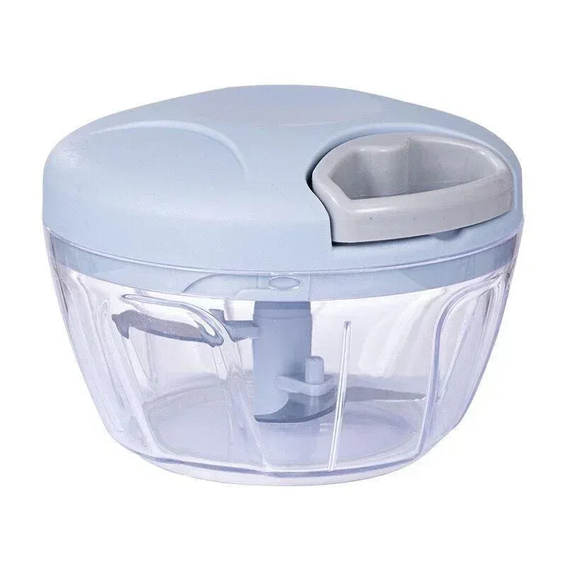 Clear meat mincer garlic chopper with grey lid and internal blade assembly