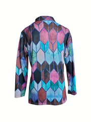 Elegant Women's Polo Zipper Top - Geometric Design, Stretch & Durable, Versatile Office Wear