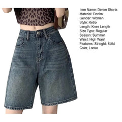 Denim Pants with Side Pockets Vintage High Waist Denim Shorts for Women Wide Leg Streetwear Jeans with Button Closure Zipper