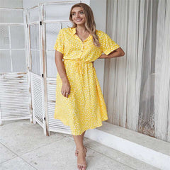 Polka Dot Short Sleeved Dress shirt Collar  Dress European and American Fashion Dress
