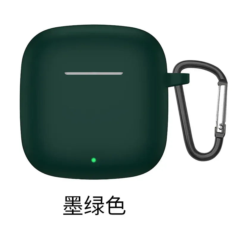 Dark green silicone earbud protective case with carabiner loop and metal hinge