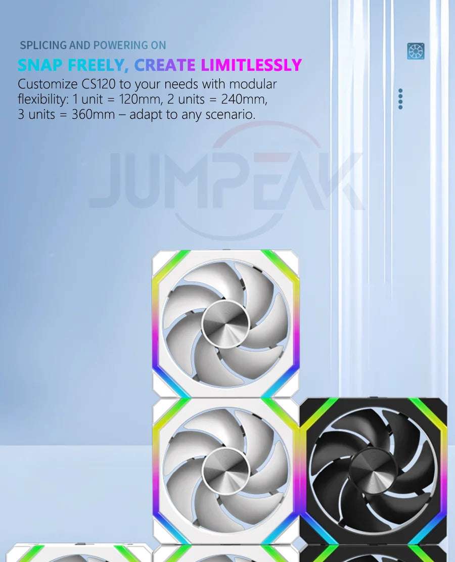 JUMPEAK CS120 ARGB Cooling Fan 360mm 240mm Modular Stackable Splicing PWM Silent 120mm RGB Fans For Gaming PC Case Water Cooler