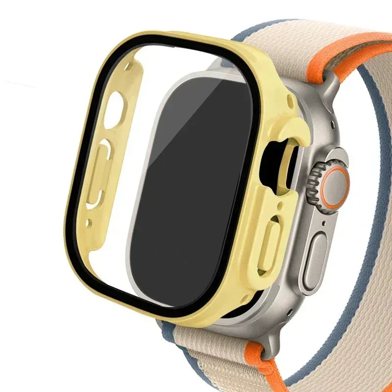 Gold smartwatch case with screen protector and black border for 49mm Ultra 2.