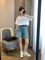 High Waist Wide Leg Jeans ort Pants Women's Spring Summer New Sle plus Size Hole Punching Slimming Denim  orts