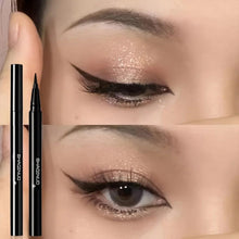 Black liquid eyeliner on two eyes with glitter shadow, plus two applicators