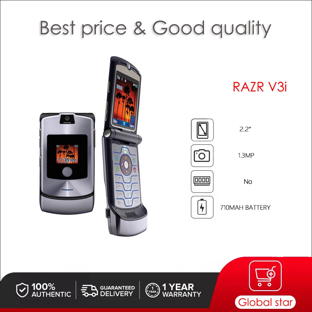 هاتف موتورولا RAZR V3i الأصلي غير مقفل ومجدد GSM 850 / 900 / 1800 / 1900 بجودة جيدة مع ضمان لمدة عام واحد