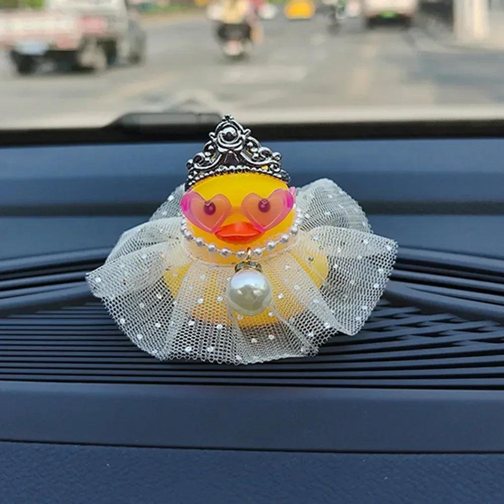 Bride duck car ornament with silver crown, tulle veil, pink heart glasses, pearl