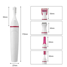 Hair trimmer and attachment heads shown with height measurements, white and pink