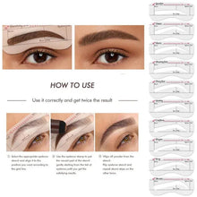 Eyebrow stencil usage guide collage with template strips and step photos