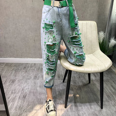 High Waist Skinny Jeans Women's Thin Denim Pants Bell Bot Casual Loose Fit Nine-Tenths Length Hole Design Harlan Sle