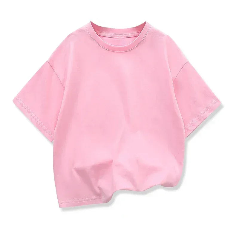 Kids cotton short-sleeve T-shirt, dropped shoulder, round neck, light pink