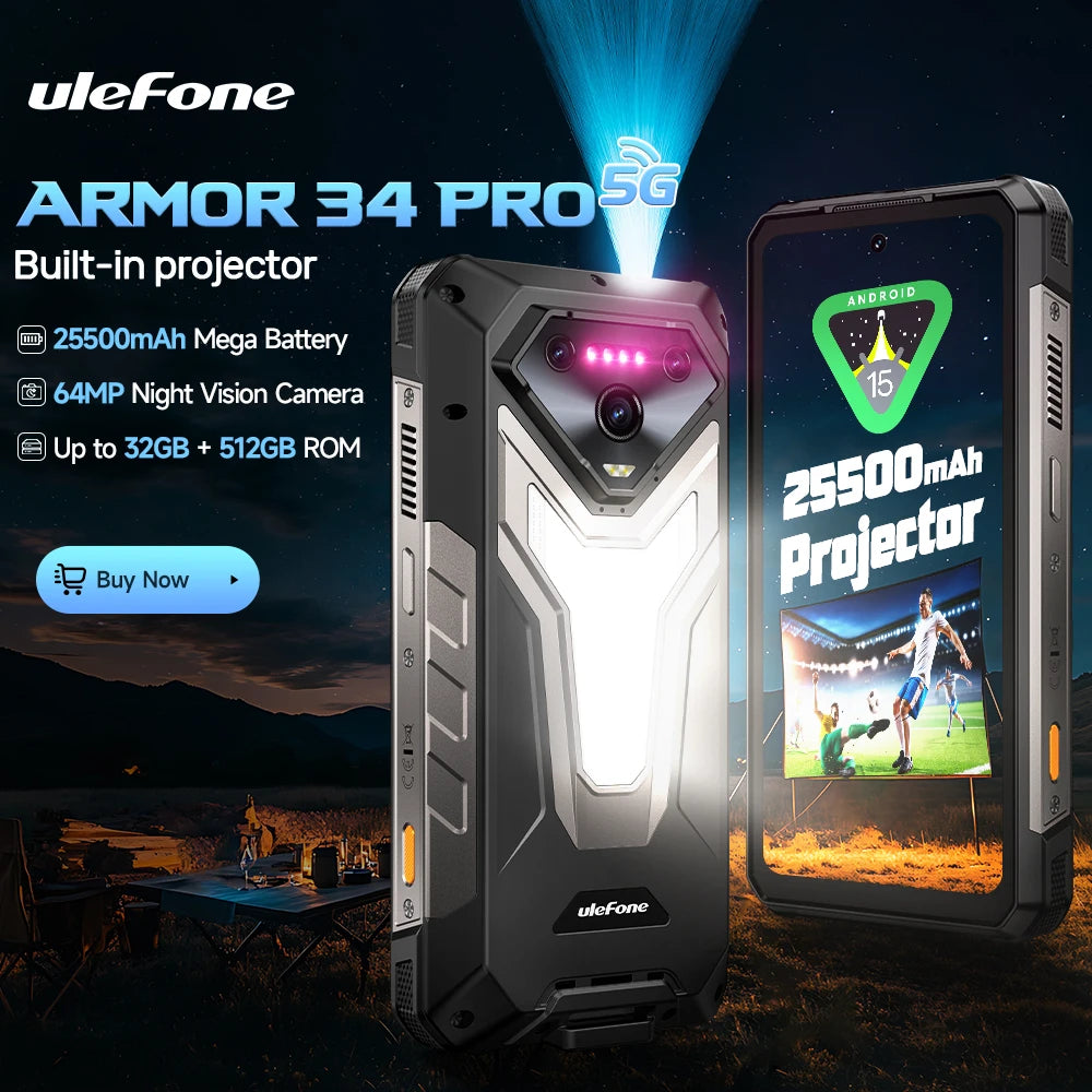 【العرض العالمي الأول】هاتف Ulefone Armor 34 Pro 5G AI المتين، بسعة 25500 مللي أمبير/ساعة، وذاكرة داخلية تصل إلى 32 جيجابايت + 512 جيجابايت، وجهاز عرض مدمج، وتردد 120 هرتز، وشاشة 6.95 بوصة، وتقنية NFC