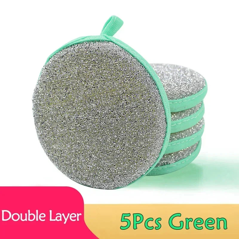 Green double-layer dishwashing sponge set with silver-gray scrub pad, round top.