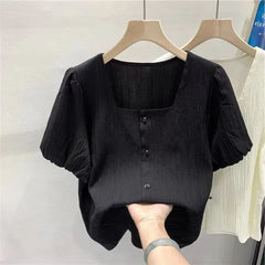 Ele Bla Bubble Sve irt Women's Summer Thin Korean Sle Square Collar Doll irt ort Sve Lace Snowflake Design