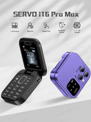 هاتف محمول جديد SERVO i16 Pro Max صغير الحجم قابل للطي، شبكة 4G، شريحتي اتصال، وضع الاستعداد، تسجيل المكالمات، اتصال سريع، FM، هاتف محمول صغير قابل للطي مقاس 1.77 بوصة