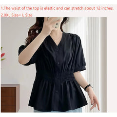 200 Pounds Plus Size Elastic Waist Summer Shirt And Blouse Short Sleeve Solid Top Women's New In Clothes Simple V-neck French