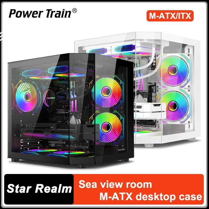 Power Train Star Realm M-ATX Desktop Computer Case Without Pillars Three Sided Glass Panoramic Sea View Room 240 Water Cooling