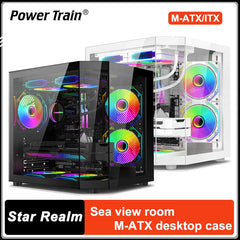 علبة كمبيوتر سطح المكتب Power Train Star Realm M-ATX بدون أعمدة، زجاج ثلاثي الجوانب، إطلالة بانورامية على البحر، غرفة 240، تبريد مائي