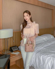 Faionable  Knot ort Sve See-tough Chiffon Top with Tie Ne Design Sweet Loose Fit Polyester Summer irt